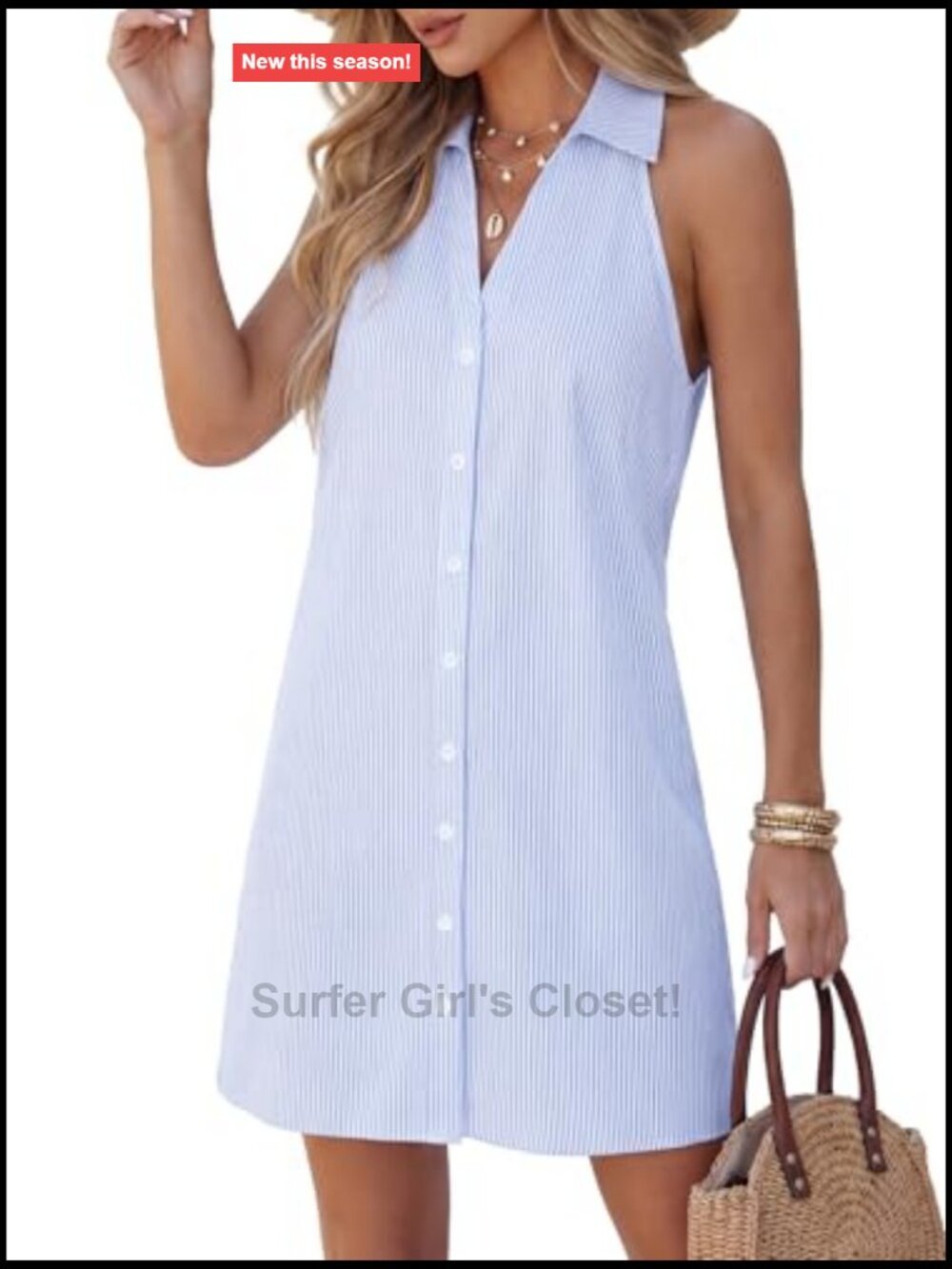 Women's Striped Collared Mini Beach Dress, Sleeveless A-Line Casual Vacation - Picture 3 of 7